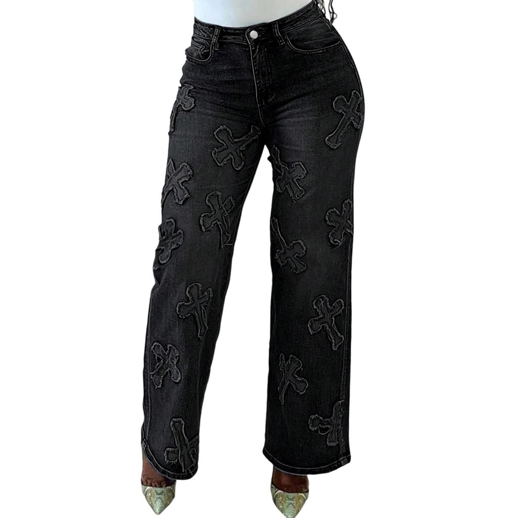 Damen Jeans mit hoher Taille und gewaschener Optik, modische, vielseitige Hose mit geradem Bein