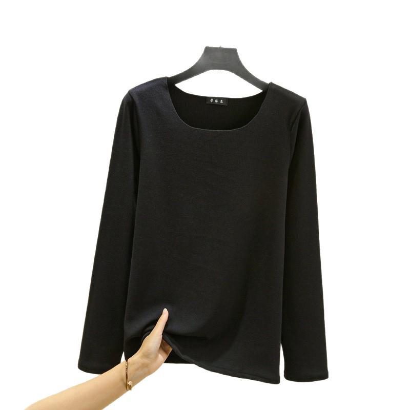 Women's Autumn/Winter Plus Size Fleece-Lined Brushed Round Neck Base Layer Top - Solid Color Warm Innerwear