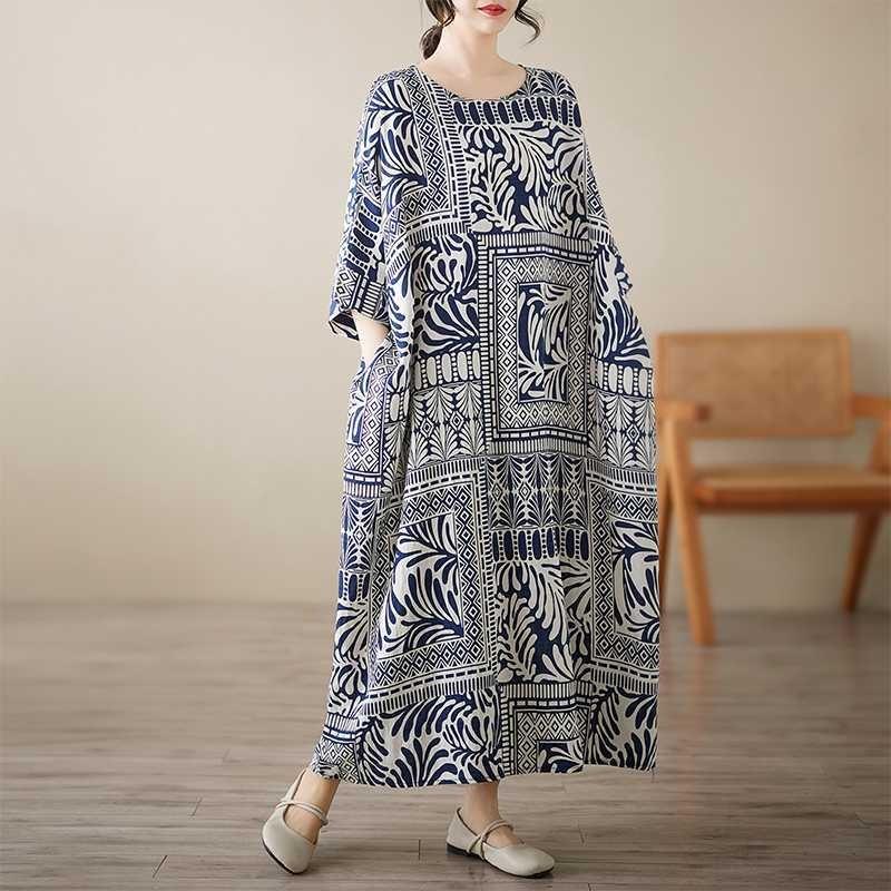 Abito in Cotone e Lino da Donna Taglia L per Donne Curvy Stile Letterario e Retrò Abbigliamento per la Mamma di Metà Anno Scollo Tondo Senza Maniche Ampio Extra Large