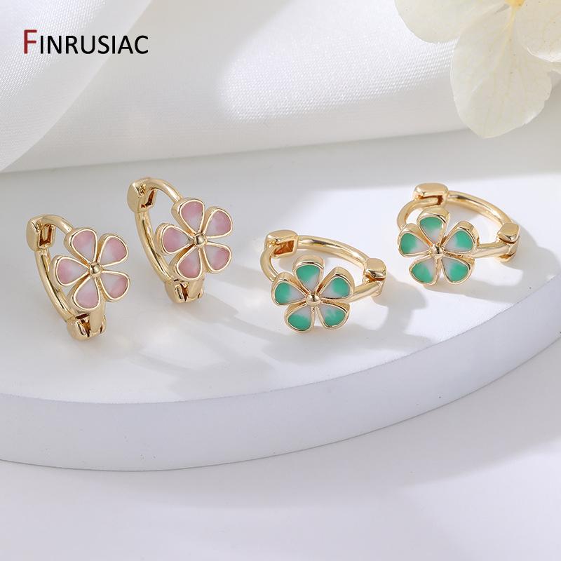New Fashion 14K Gold Plated Brass Flower Enamel Hoop Earrings for Women Dripping Oil Huggies Earrings Girl Party Jewelry Gift