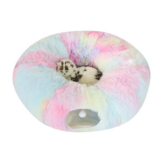Plush Cat Tunnel Bed with Hanging Balls Washable Indoor Kittens Donut Tunnel Toy Small Large Cats Pets Round Peekaboo Cave Play Tunnel Pet Supplies