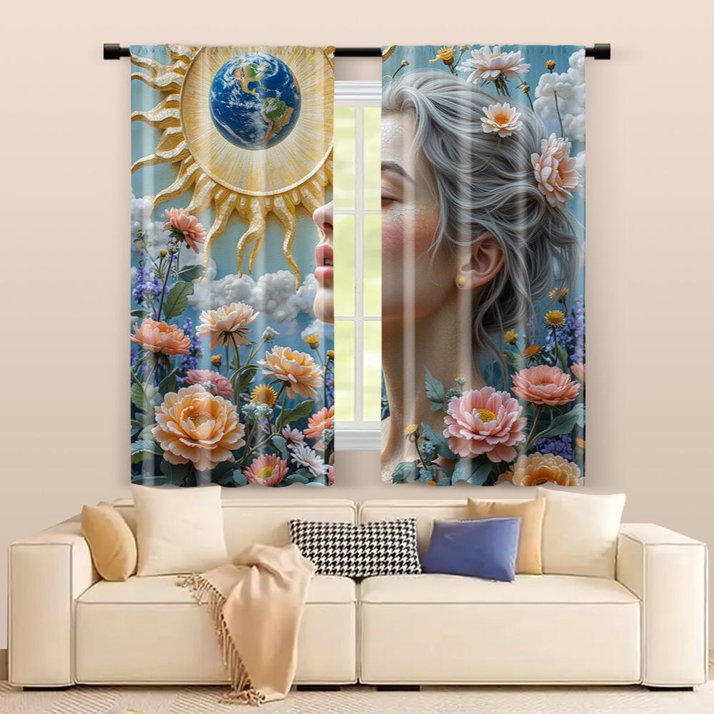 Filtering Curtains Excluding Rods Non Movable Without Batteries Earth Sun Goddess Use Bedrooms Living Curtain Set Of 2 Made Polyester Washable