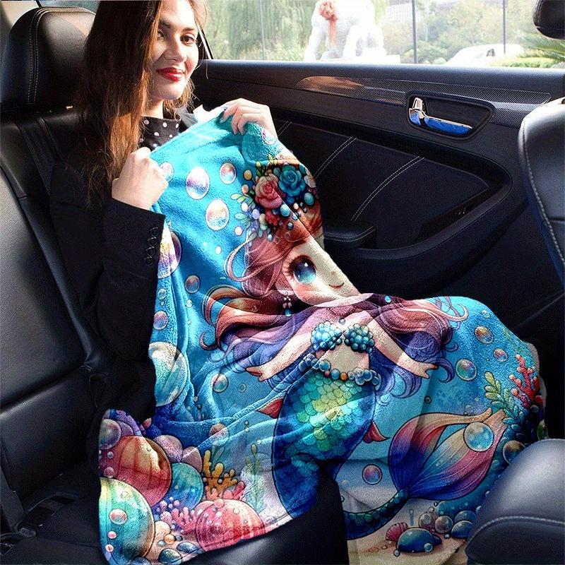 1pc Mermaid Printing Blanket - Soft, All-Season Throw for Office Blanket, | Personalized Gift with Adorable Cartoon Design