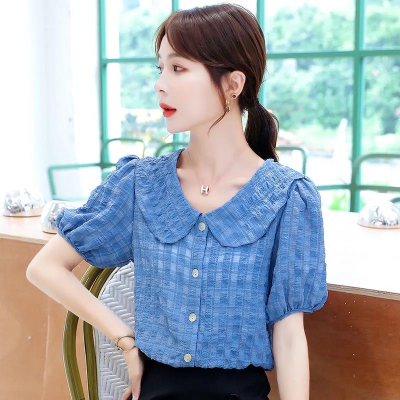 Summer Loose Solid Color Short-sleeved Doll Collar Chiffon Shirt Top Women