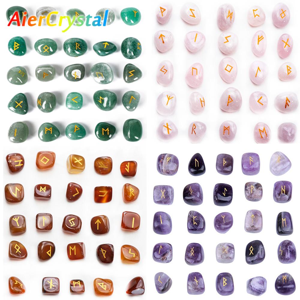 Natürliches Kristall-Runensteine-Set 25 Stück Quarzachat Kristallstein Hexen Reiki Heilenergie Runenbuchstaben Kristallgravur Handwerk