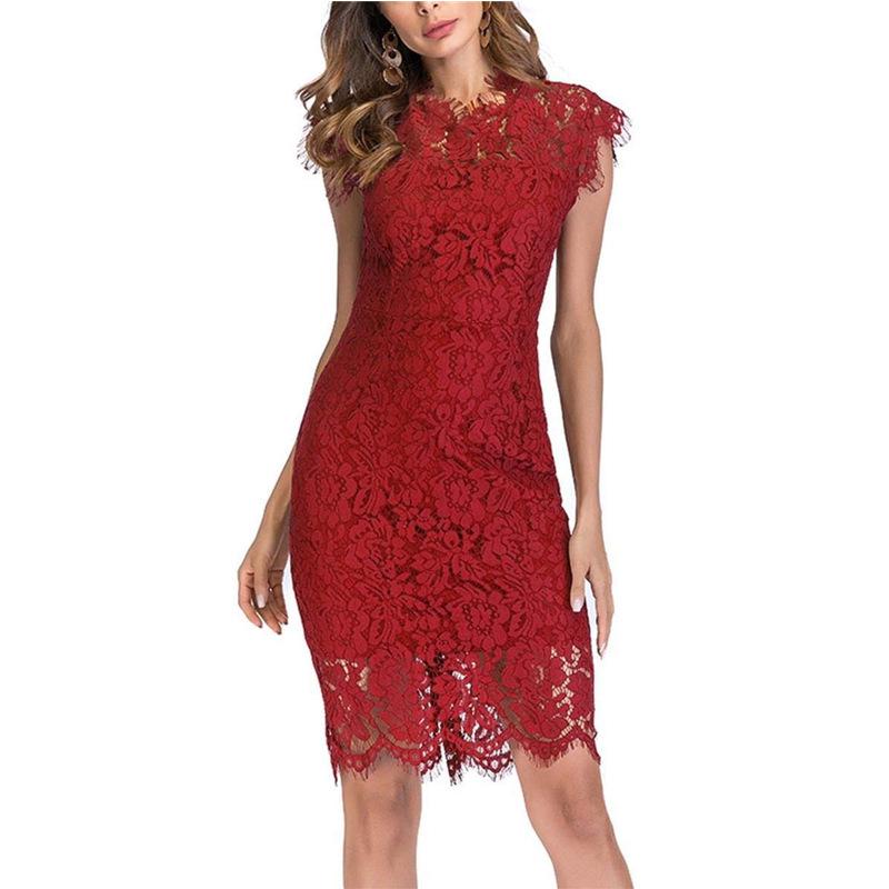 European & American Style Women's Lace Midi Dress - Round Neck, Short Sleeve, Elegant Temperament