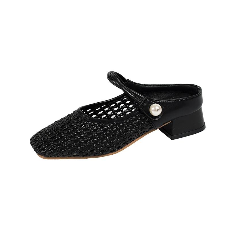 Retro woven and hollowed-out fashionable half-slipper mid-heel women's shoes, new French fairy style thick heel holiday shoes