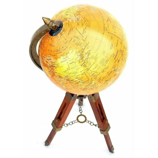 Nautical World Map Globe Ornament On Wooden Tripod Stand Desk Decor