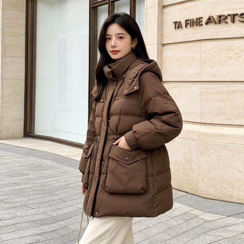 Womens Winter Duck Down Coat Mid-Length Thick Warm Loose Fit Hooded Parka Office Commute Black White Beige Pink Khaki