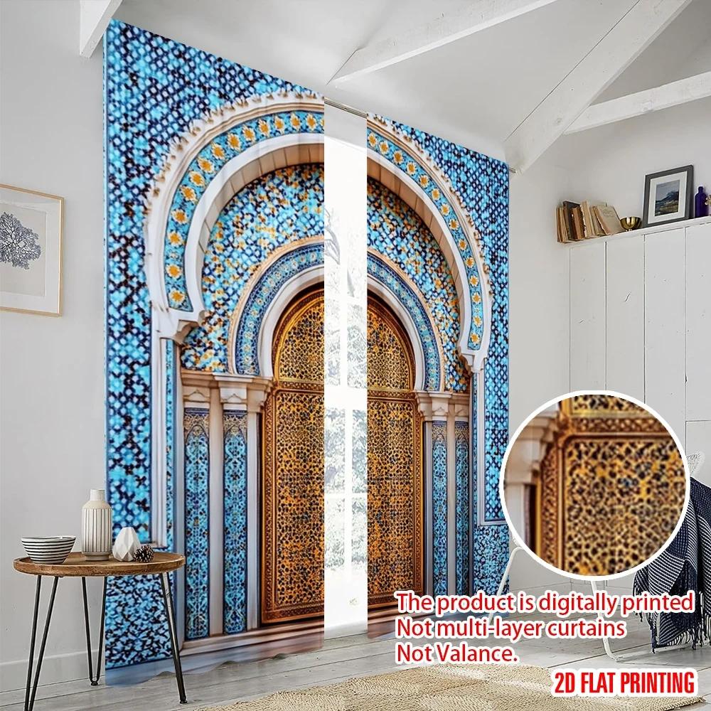 2pcs 2D flat printing Curtains Ancient Moroccan palace door 100% Polyester Fabric Without Electricity Festive Holiday Use for