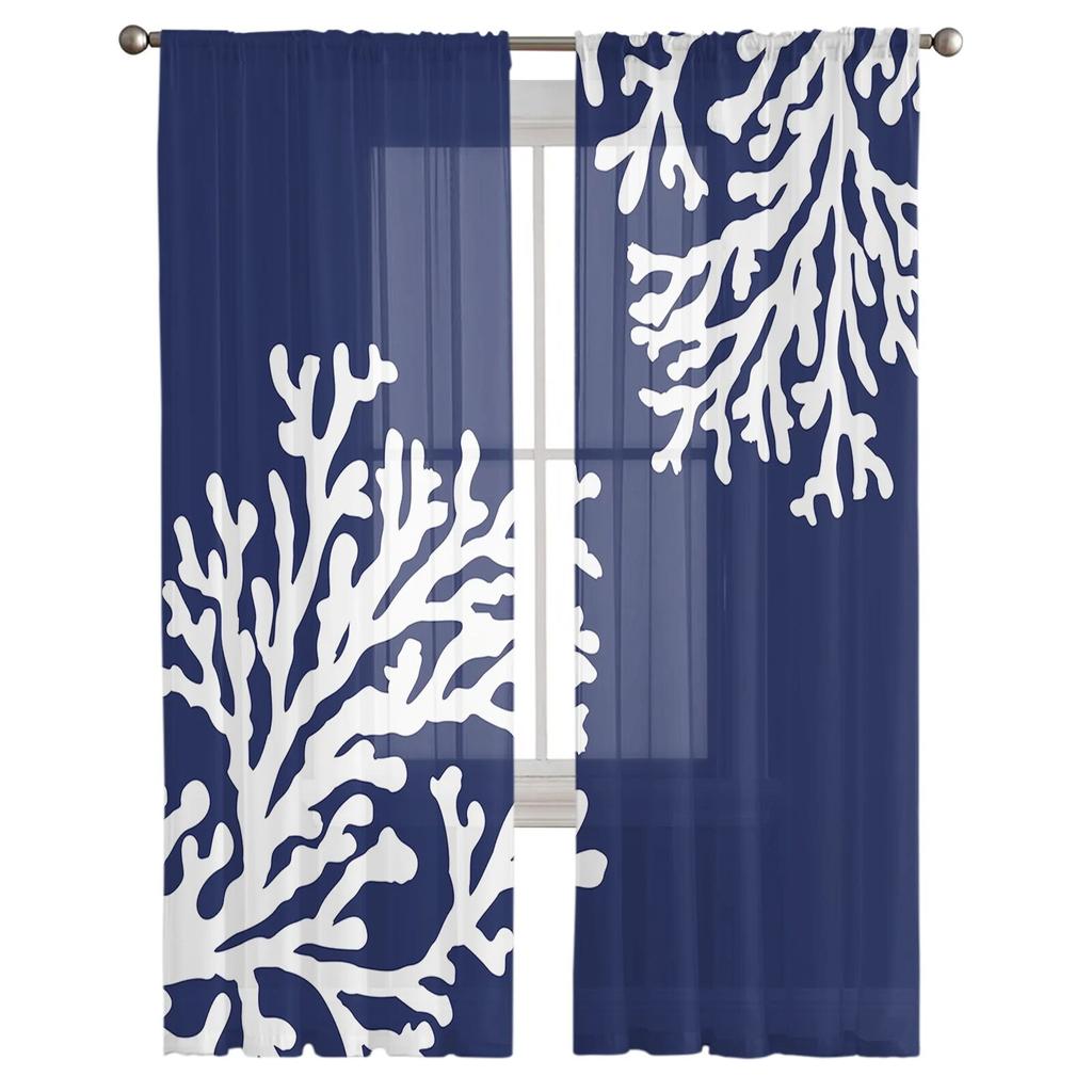 Koralowe niebieskie firanki do salonu, sypialni, tiulowe zasłony do kuchni, panele żaluzjowe z woalu