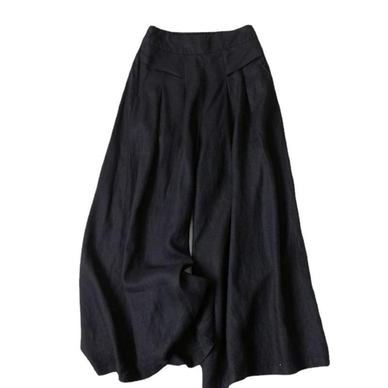 Damen Lockerer Semi-Elastischer Hoher Bund Dünne Künstlerische Baumwolle und Leinen Weitbein Rockhose