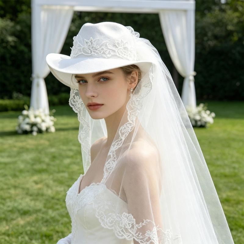 Elegant White Veil Cowboy Cap Wool Cosplay Hat for Western Theme Weddings and Outdoor Celebration Gathering Wear