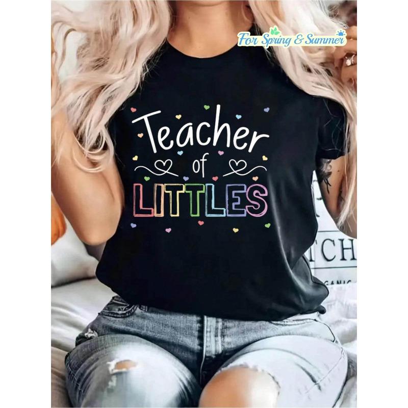

Women s Teacher of LITTLES Letter Print Tee Crew Neck Short Sleeve Summer Spring Casual Top S чёрный