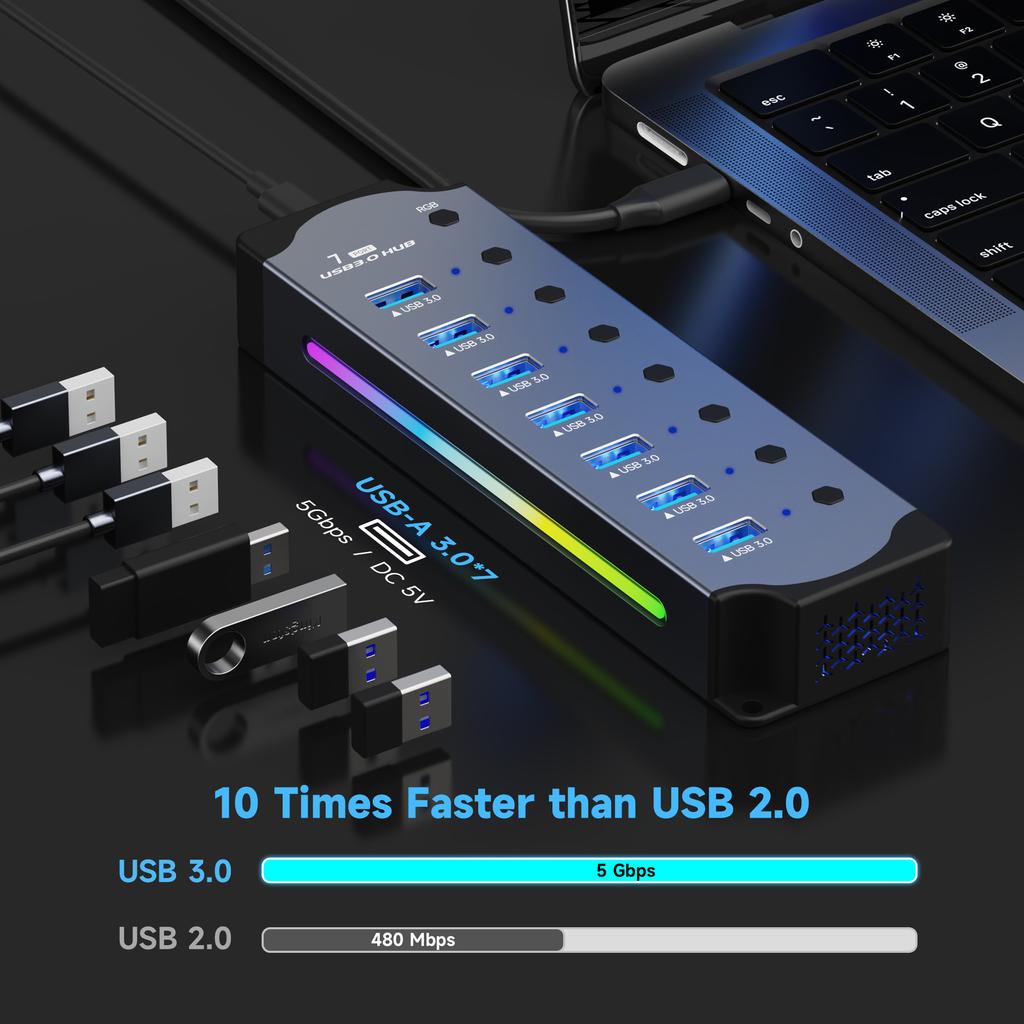 10 In 1 Powered USB HUB USB 3.0 Interface Individual Switch RGB E-Marker Heat Dissipation Design DC 5V Power Supply Adapter
