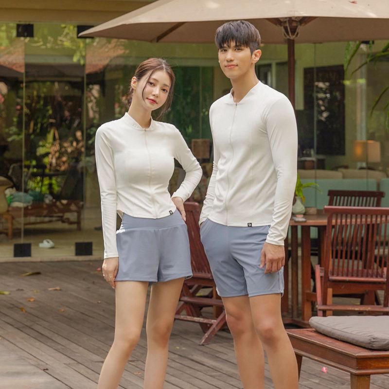 Women's Slim-Fit Three-Piece Swimsuit: Boy Shorts, Long-Sleeved Top, Tummy Concealing. Men's Two-Piece: Perfect for Couple Swimwear.