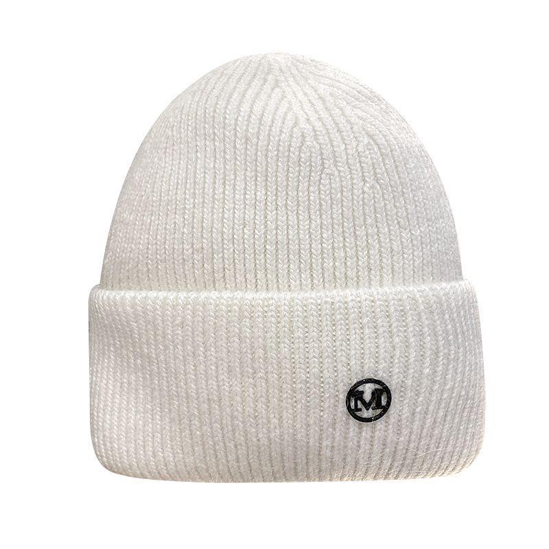 Knit Beanie Hat Rabbit Hair Blend Metal Letter M Label Warm Ear Protection Winter Autumn Trendy Skullcap Women