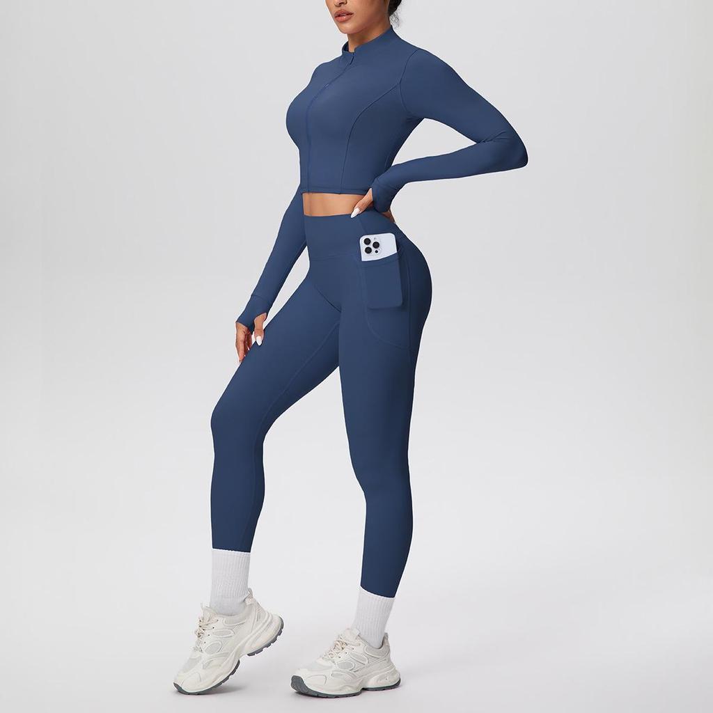 Zipper Crop Top Jacket & High-Waist Butt-Lifting Pocketed Pants Sports Set - Perfect for Yoga, Running, & Casual Fitness.