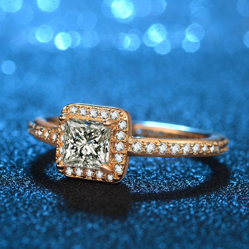 Popular Jewelry Silver Jewelry, Champagne Micro-Set Imitation Diamond Ring Square Diamond Princess Ring