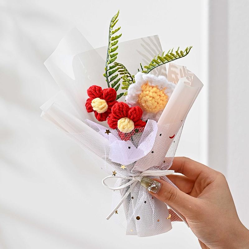 Finished Crochet Flower Bouquet Artificial Flower Room Decoration Handmade Knitted Flowers Bouquet Wedding Party Gifts