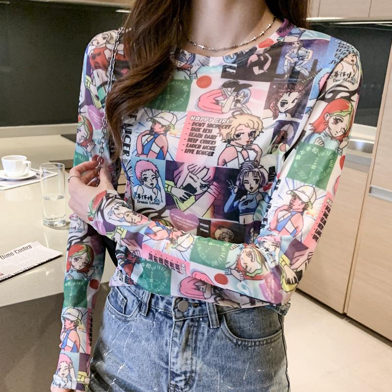 New Winter Slim Thin Long-sleeved Pullover Hoodie Underwear T-shirt Top Perspective Mesh Base Shirt for Women