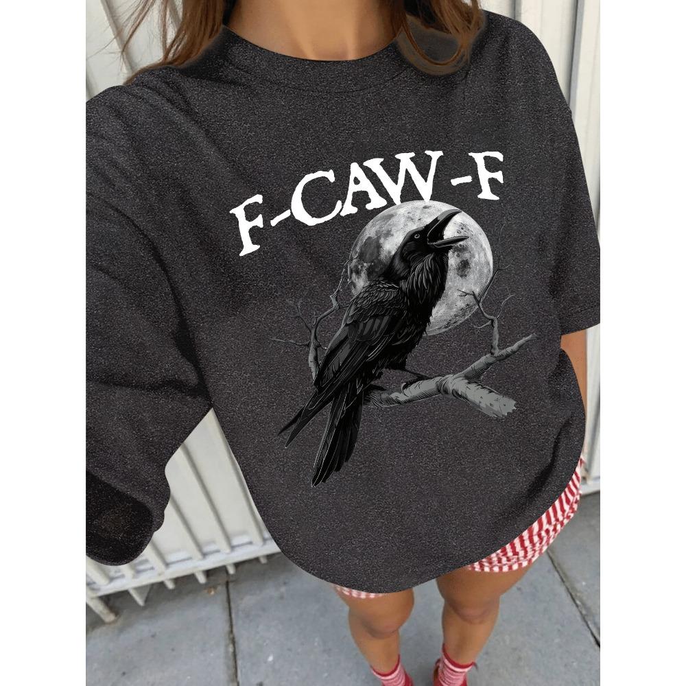 Plus Size Women s White Short - Sleeve T - shirt, F - CAW - F Raven & Moon Graphic Print, Gothic Style Casual Top 3XL