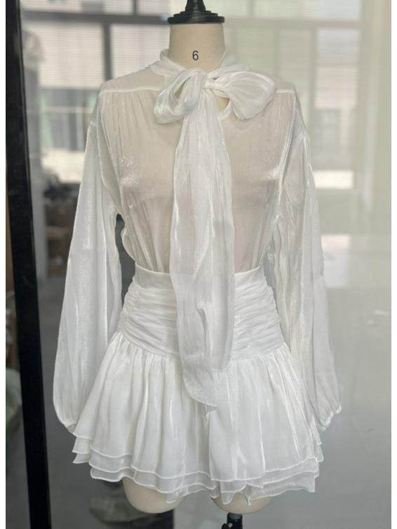 2025 Spring/Summer Bestseller: Temperamental Bow Puff Sleeve Top & Ruched Half Skirt Set