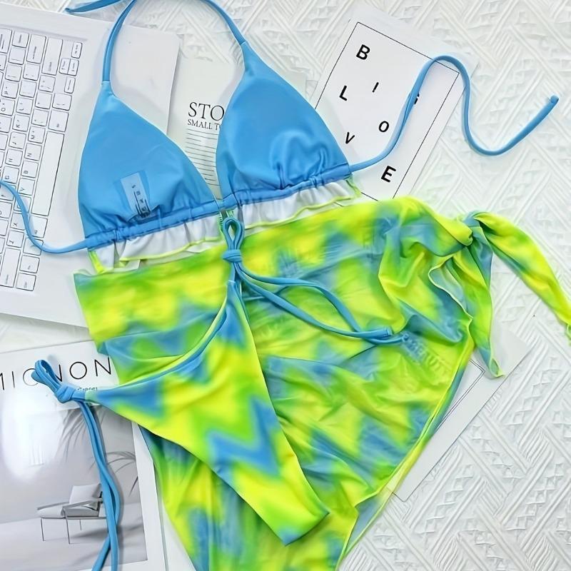 Женский 3-piece Бикини-комплект Тай-дай с юбкой-накидкой Халтер Треугольный Купальник S зелёный