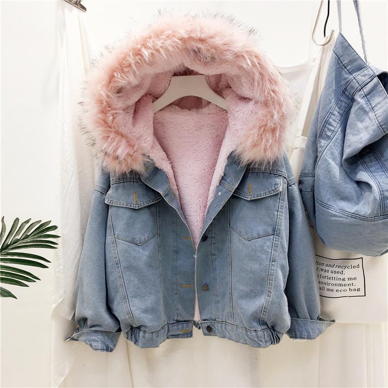 Loose Hooded Thickened Short Student Lamb Wool Cotton Jacket Denim Fleece Jacket