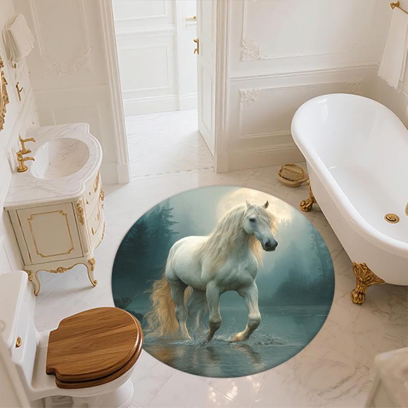White Horse pattern round rug,Carpet Rug for Living Room Bedroom Sofa Playroom Decor,Non-slip Floor Mat,Holiday Gifts and Birthday Gifts