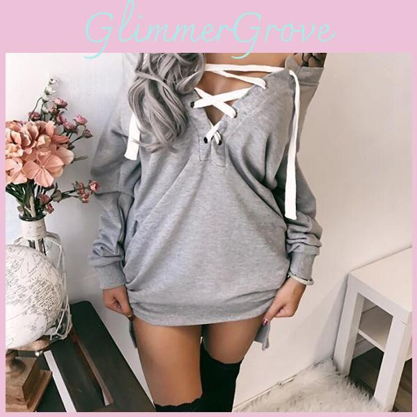Women Sexy Lace Up Bandage Deep Off Shoulder Hoodies With Long Loose Pullover Sleeves