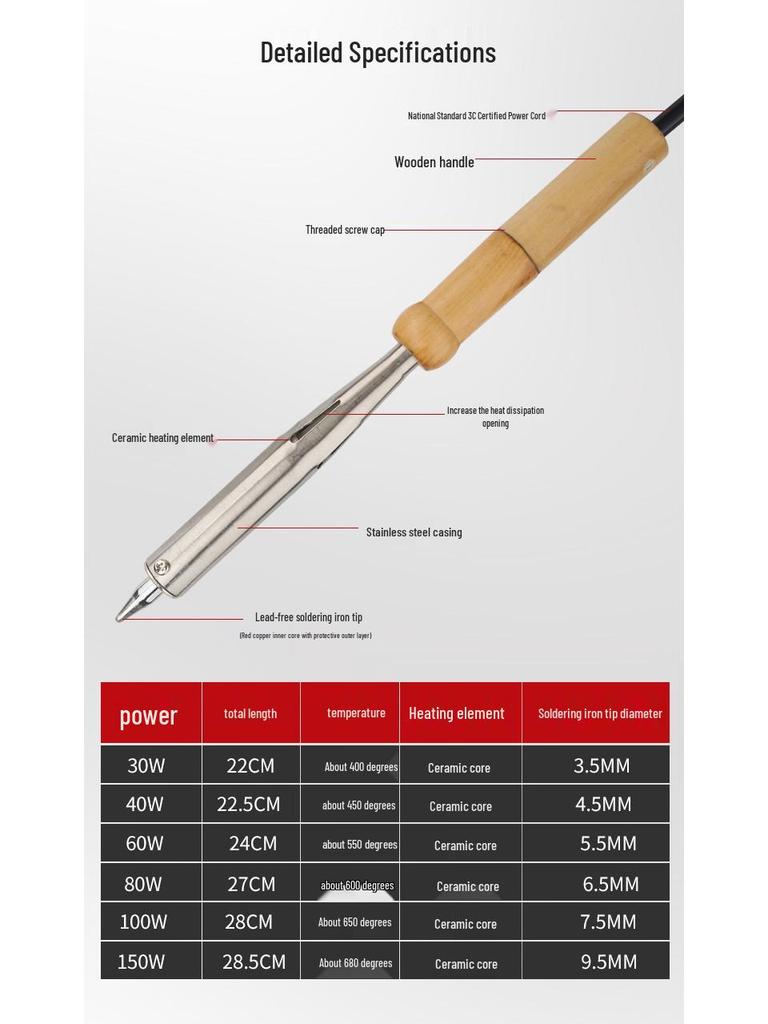 60W/80W/100W/150W Hochleistungs-Lötkolben mit Holzgriff & Konstanttemperaturregelung