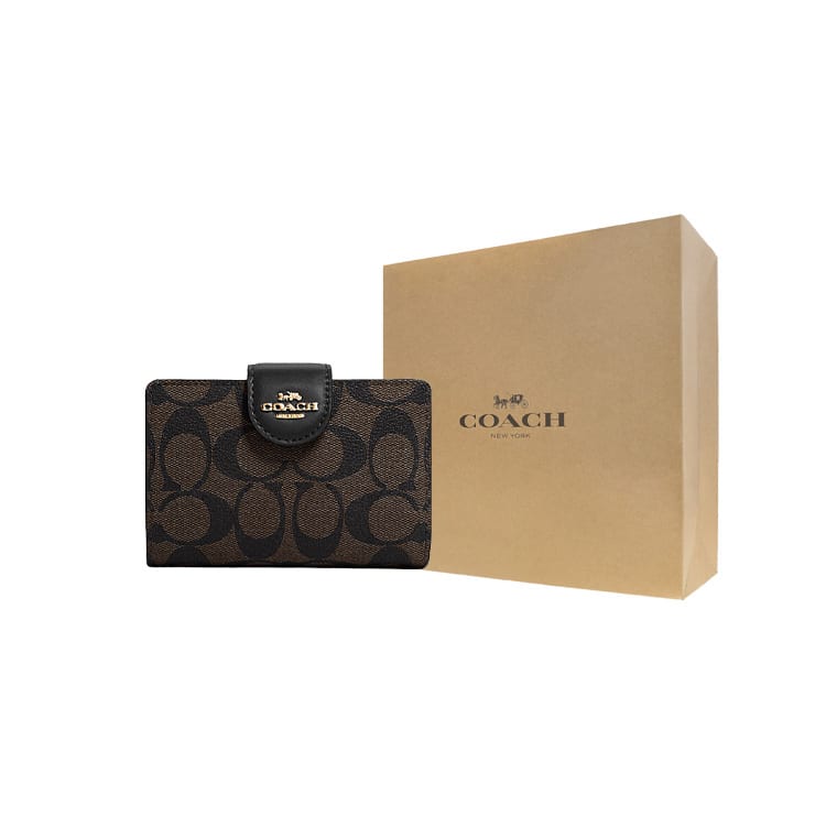 Coach Corner Zip Canvas With Leather Wrist Bag Clutch Pochette Wallet Medium Women's Dark Brown Black C0082-IMAA8