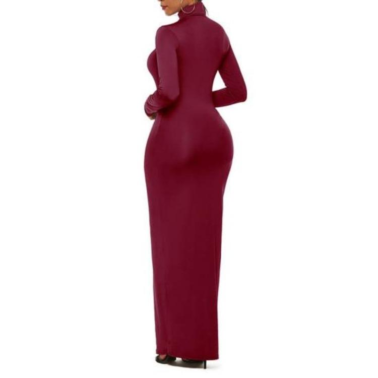 Stretchy Bodycon Long Dress Solid Color Turtle Neck Casual Womens Long Sleeve