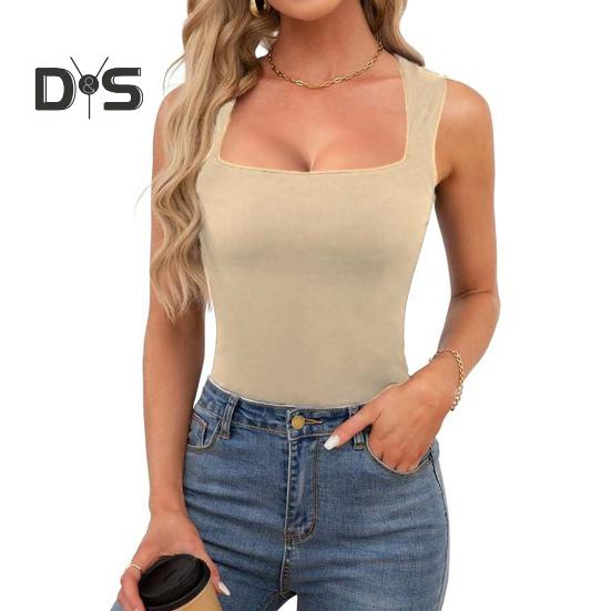 

Жіноча літня жилетка з квадратним коміром і широкими плечовими ремнями безрукавки однотонні приталені рубчасті камзоли M бежевий