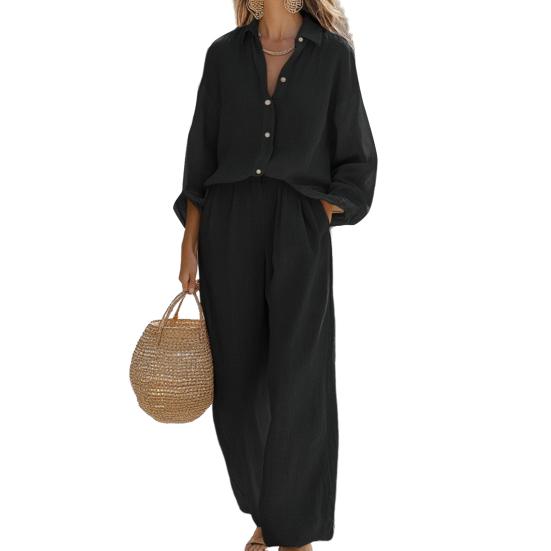 Damen Casual Zweiteiler Outfit Langarm Button-Down T-Shirt und Weitbein Hose Set Herbst Frühling Lounge Set