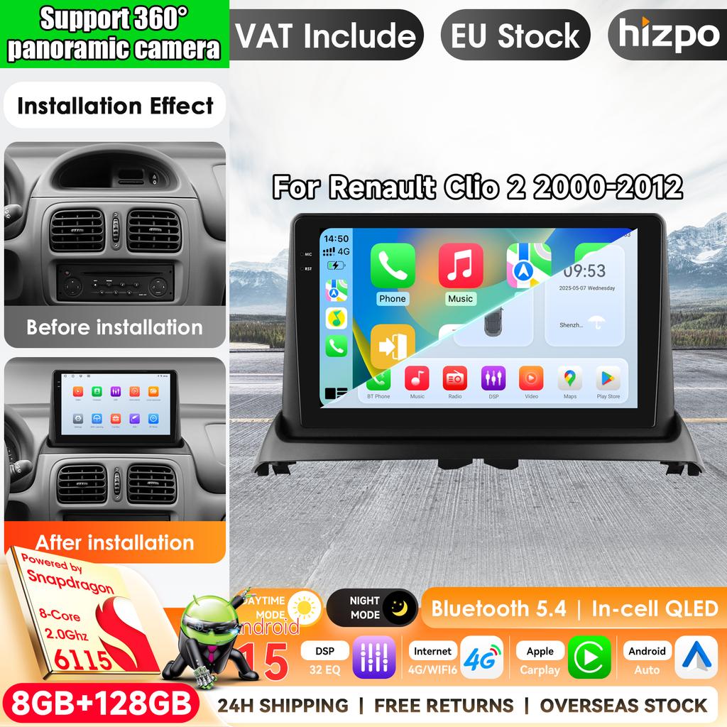 Hizpo 9 Inch Carplay 4G AI Systems Android 15 Car Radio For Renault CLIO 2 2000-2012 Multimedia Video Player GPS 2din Autoradio 9 Inch Car Intellige