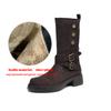 Krazing Pot Cow Suede Round Toe Thick Heels Motorcycle Boots Size 42 Back Zip Women Keep Warm Metal Button Mid-calf Boots