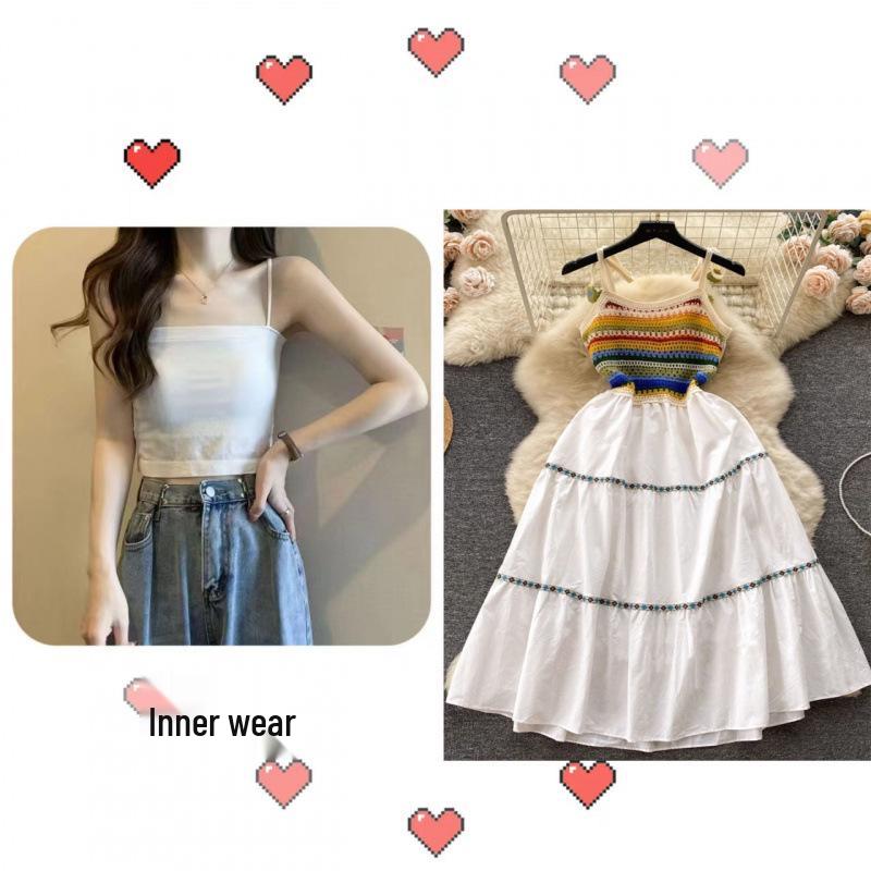 Elegant Crochet Patchwork Camisole Dress - Waist-Cinched Fairy Forest Beach Style Small