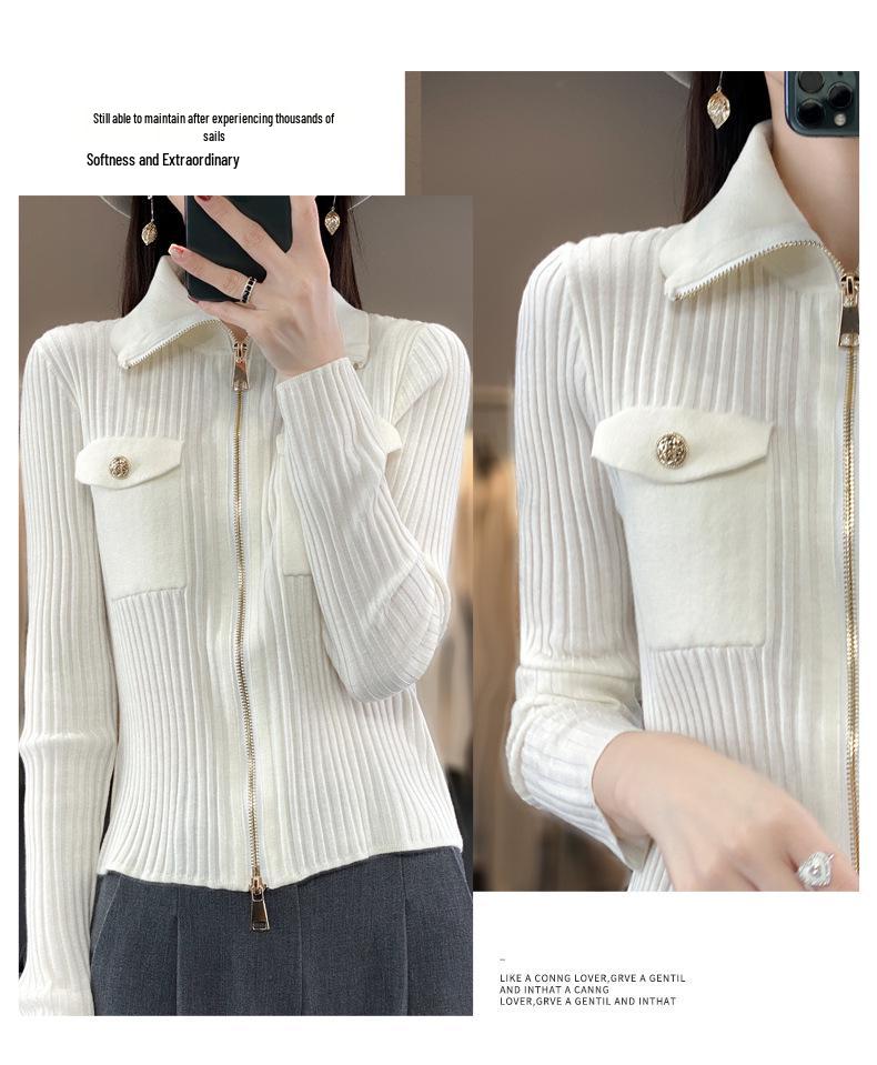 Women's Slim-Fit Stand Collar 100% Pure Wool Sweater - Autumn/Winter Knit Cardigan, Skin-Friendly Base Layer Outerwear