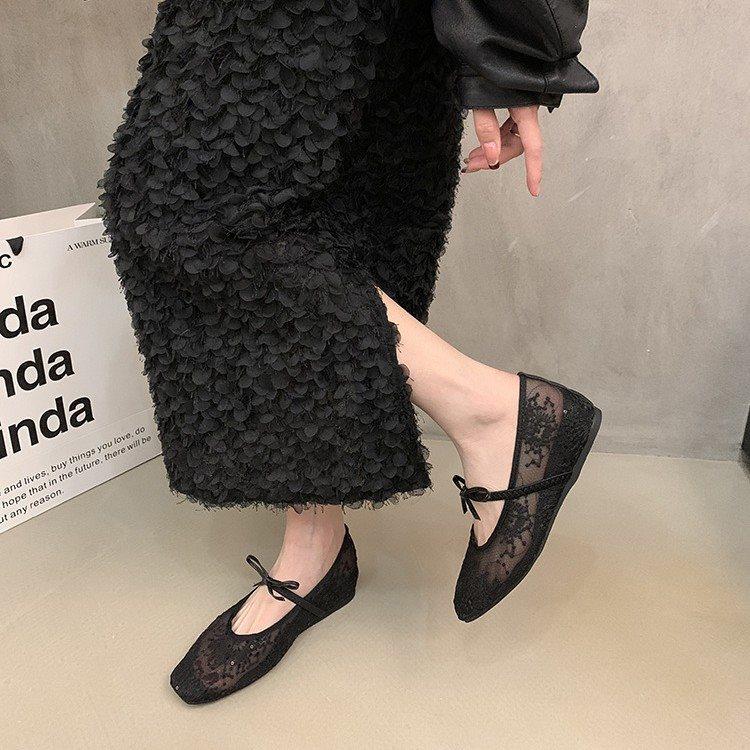 Mary Jane Shoes 2025 Single Shoes Women's Shoes Mesh Fairy Shallow Mouth Inner Height Increase Spring Breathable Bow New