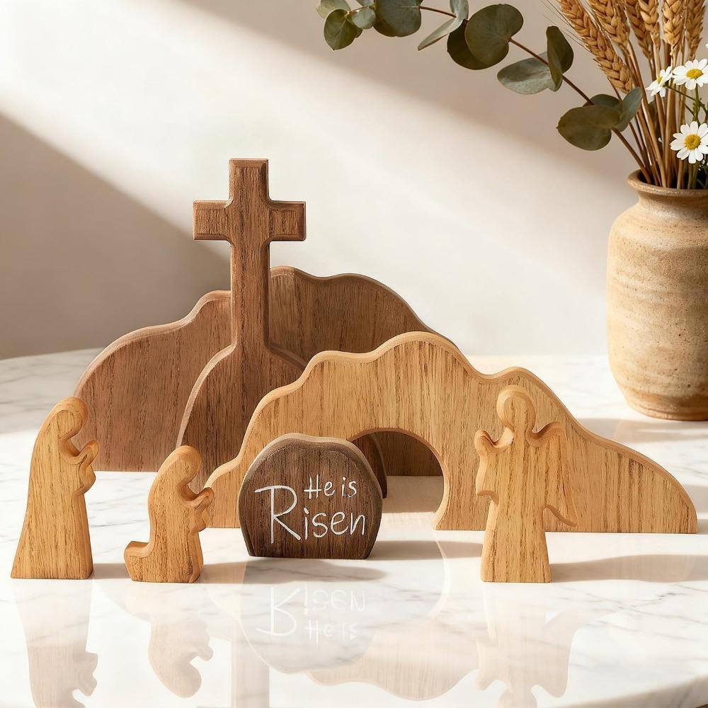 Wooden Empty Tomb Easter Scene Ornament Mini Decorative Easter Resurrection Scene Statue DIY Easter Cross Ornament