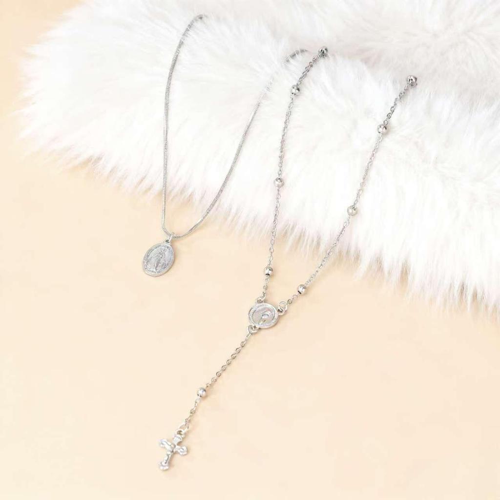 Double Layer European Cross Pendant Necklace - Women's Fashion Metal Clavicle Chain