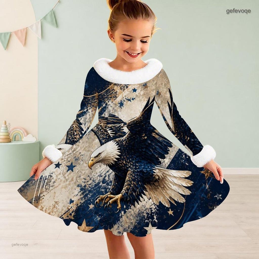 Kids Girls Furry Collar Long Sleeve Star Printed Bow Waist A Line Flared Dress