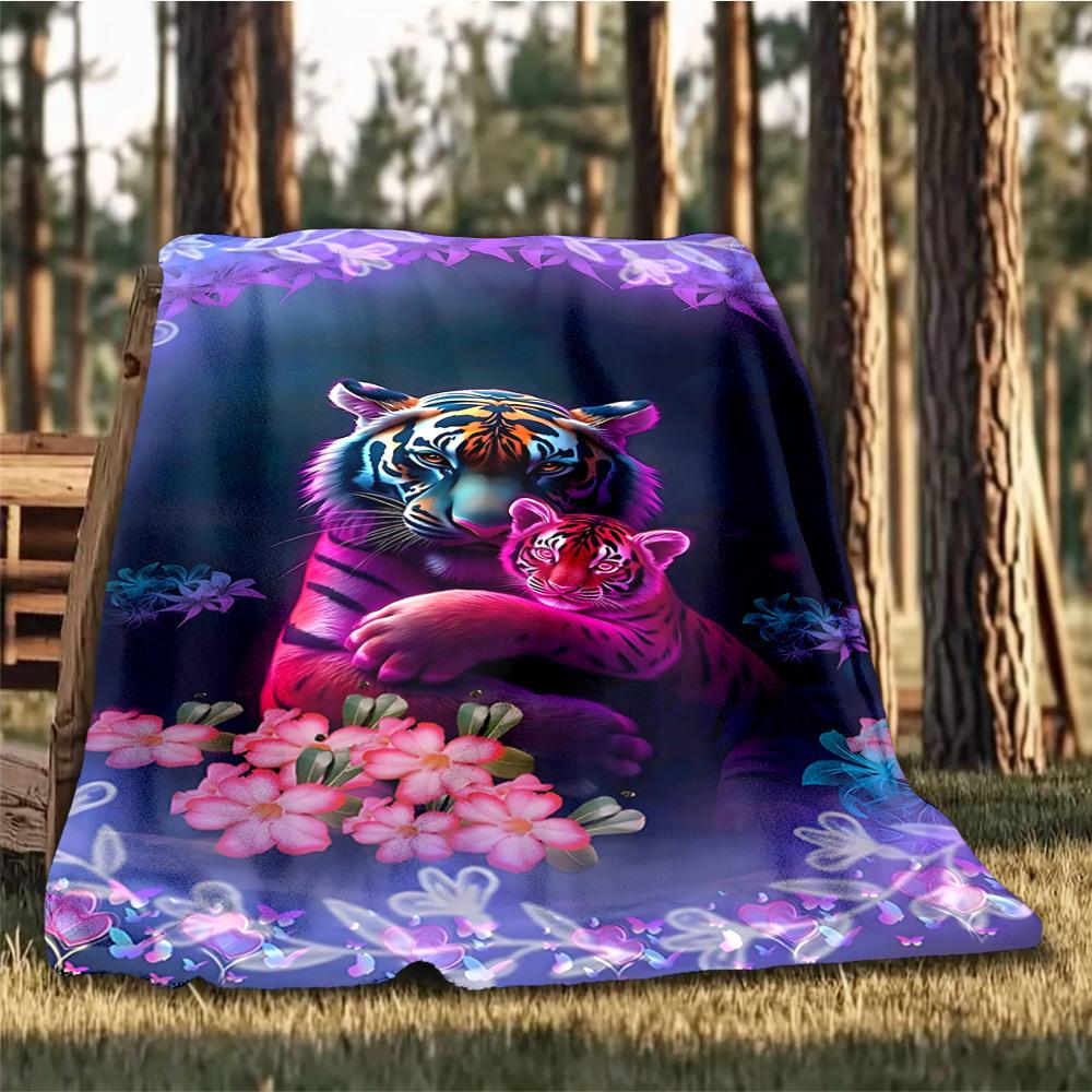 1pc Tiger Floral Fantasy Outdoor Flannel Blanket Soft All Season Polyester Throw , Perfect for Picnics & Travel , Picnic Accessory