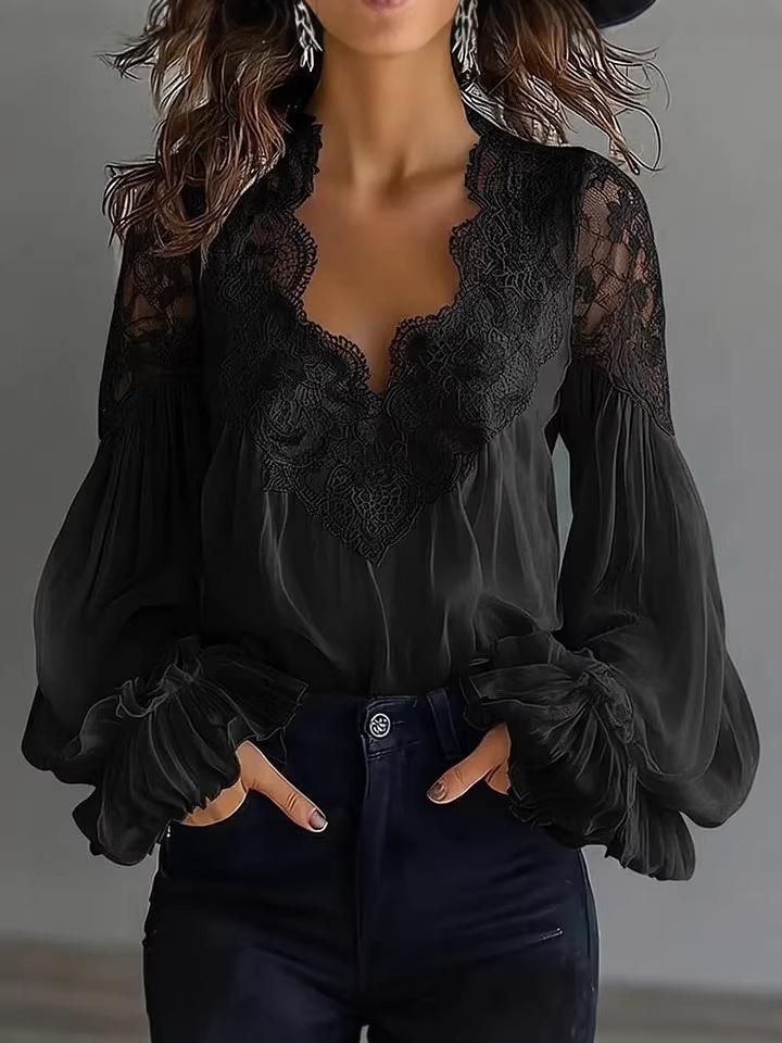 2026 Lace Patchwork Puff Sleeve Pleated Women's Shirt