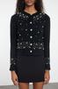 Women's Elegance Style Cardigan Black Crop Soft Textured Pearl Detailed Jacket Look Knitwear Cardigan