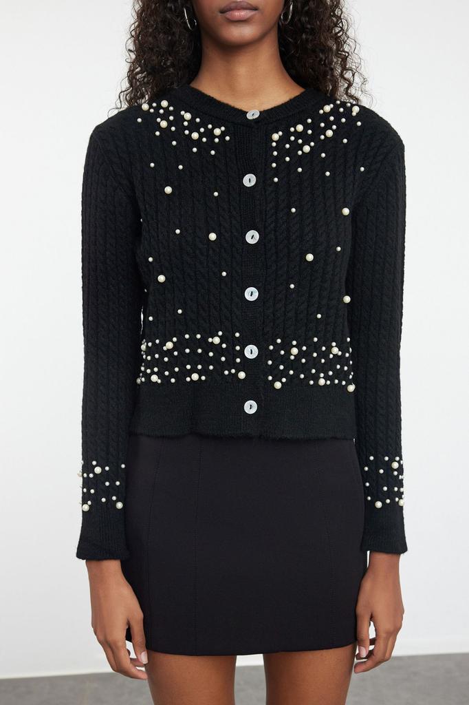 Women's Elegance Style Cardigan Black Crop Soft Textured Pearl Detailed Jacket Look Knitwear Cardigan