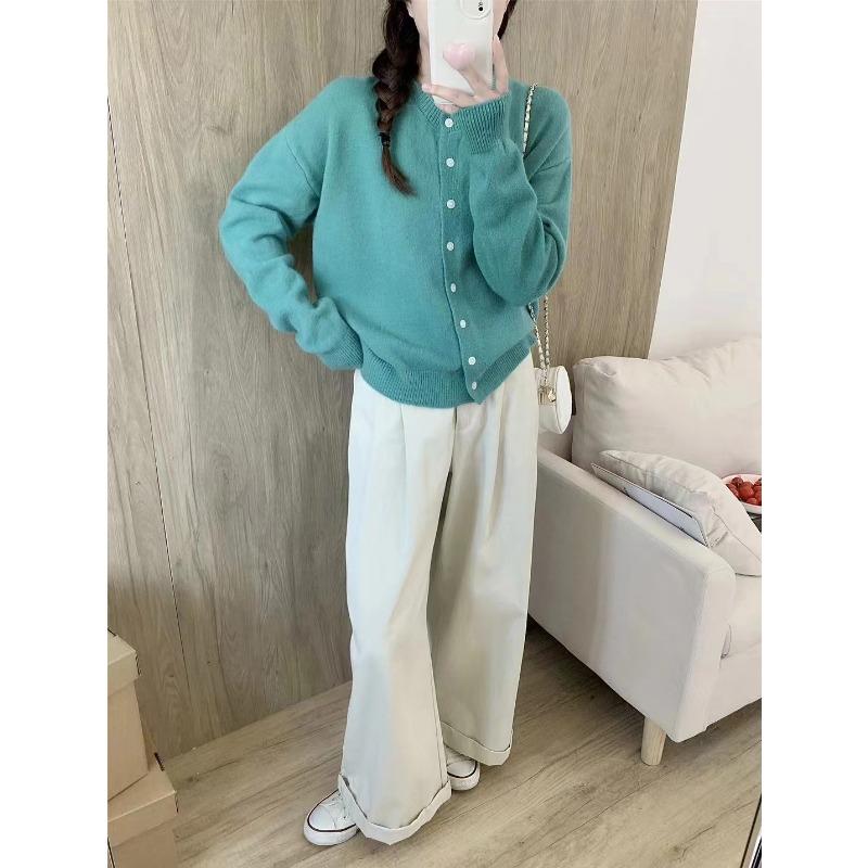 New candy color loose round neck long-sleeved knitted cardigan women's age-reducing small fresh single-breasted sweater jacket