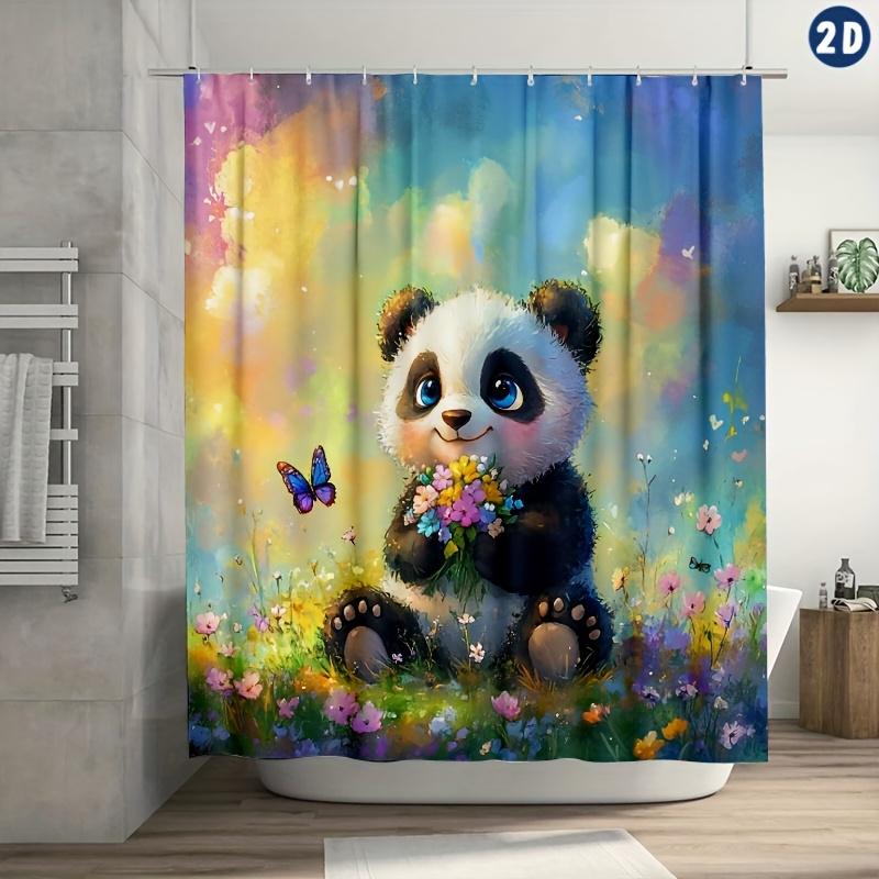 Whimsical Panda with Blue Eyes Holding Flowers Shower Curtain - Vibrant Spring-Summer Design, Durable Polyester,Machine Washable W90xH180cm